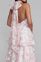 Load image into Gallery viewer, Blue Ruffled Halter Floral A Line Maxi Formal Dress with Bow