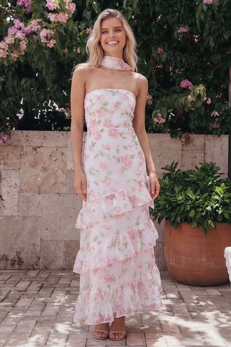 Load image into Gallery viewer, Mermaid Yellow Floral Strapless Maxi Formal Dress with Ruffles