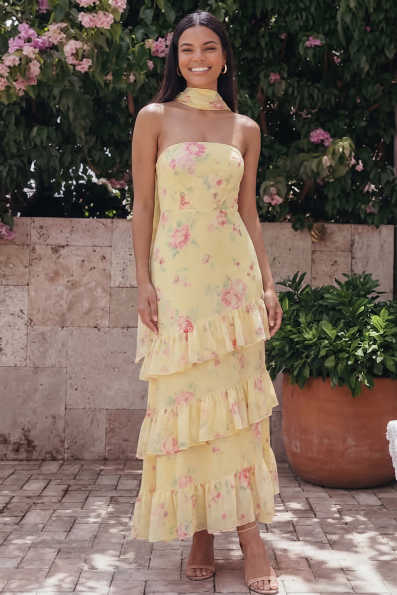 Load image into Gallery viewer, Mermaid Yellow Floral Strapless Maxi Formal Dress with Ruffles