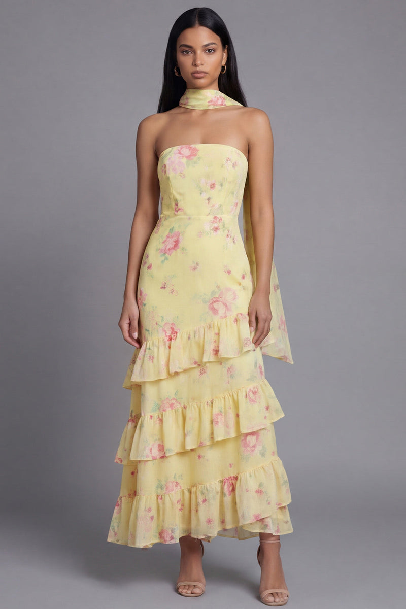Load image into Gallery viewer, Mermaid Yellow Floral Strapless Maxi Formal Dress with Ruffles
