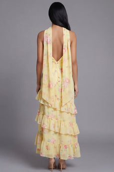 Mermaid Yellow Floral Strapless Maxi Formal Dress with Ruffles