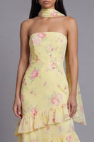 Load image into Gallery viewer, Mermaid Yellow Floral Strapless Maxi Formal Dress with Ruffles