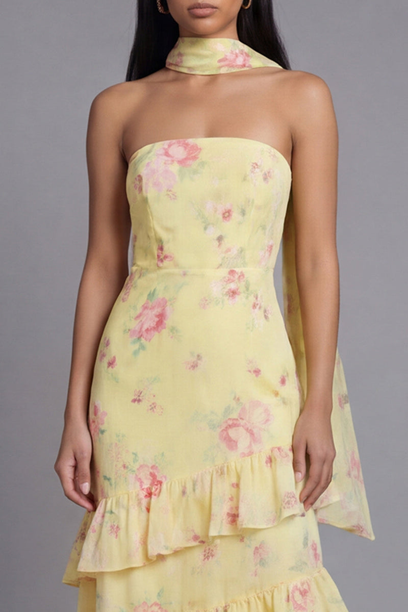Load image into Gallery viewer, Mermaid Yellow Floral Strapless Maxi Formal Dress with Ruffles