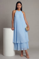 Load image into Gallery viewer, White Blue A Line Floral Maxi Formal Dress with Pleats