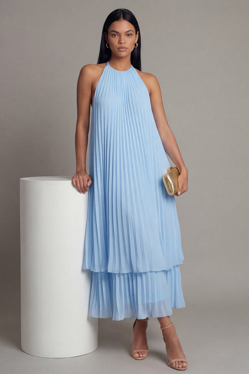Load image into Gallery viewer, White Blue A Line Floral Maxi Formal Dress with Pleats