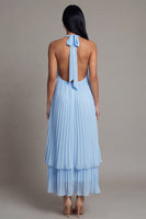 Load image into Gallery viewer, White Blue A Line Floral Maxi Formal Dress with Pleats