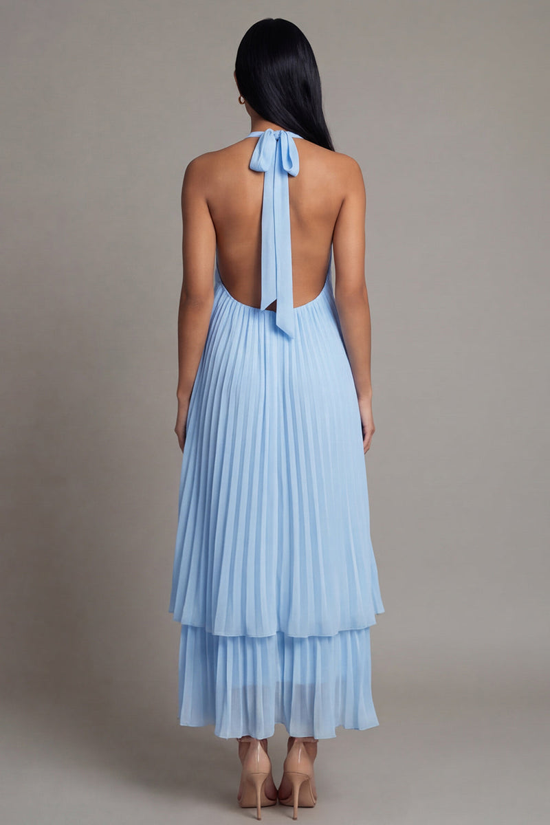 Load image into Gallery viewer, White Blue A Line Floral Maxi Formal Dress with Pleats