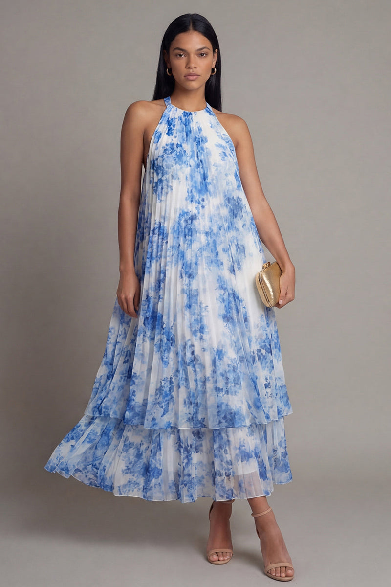 Load image into Gallery viewer, White Blue A Line Floral Maxi Formal Dress with Pleats