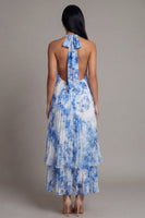 Load image into Gallery viewer, White Blue A Line Floral Maxi Formal Dress with Pleats