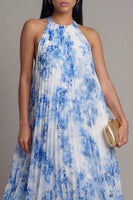 Load image into Gallery viewer, White Blue A Line Floral Maxi Formal Dress with Pleats