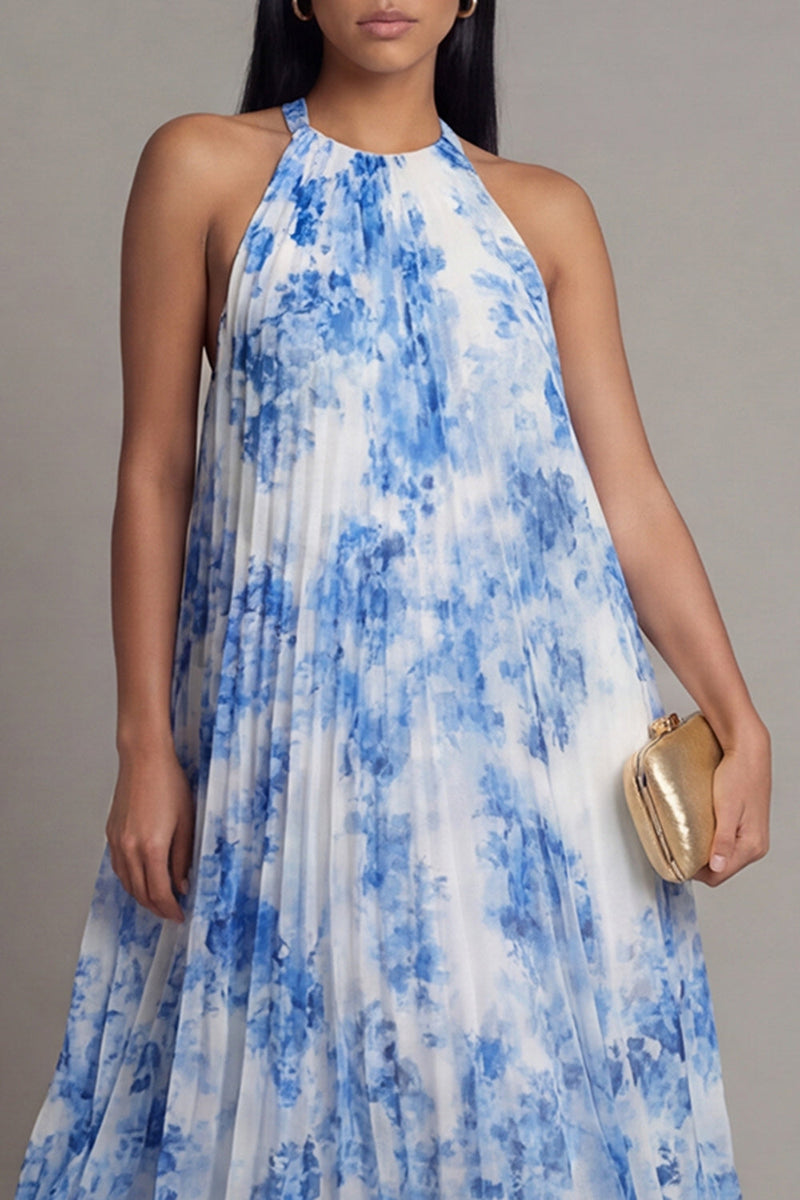 Load image into Gallery viewer, White Blue A Line Floral Maxi Formal Dress with Pleats