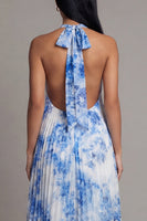 Load image into Gallery viewer, White Blue A Line Floral Maxi Formal Dress with Pleats