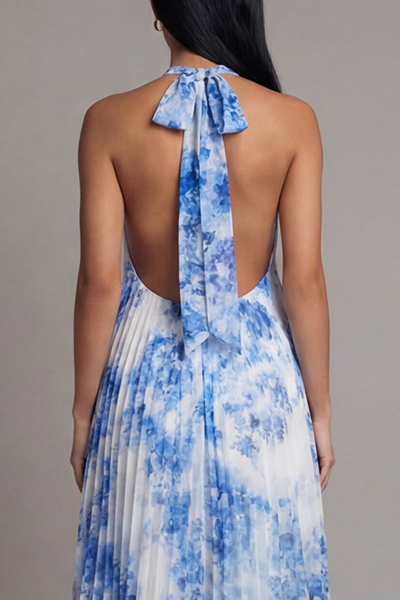 Load image into Gallery viewer, White Blue A Line Floral Maxi Formal Dress with Pleats