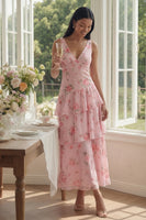Load image into Gallery viewer, Pink A Line V-Neck Floral Maxi Formal Dress with Ruffles