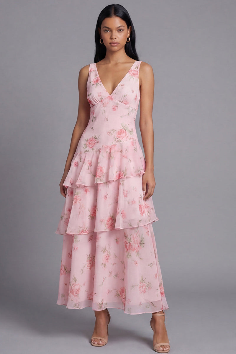 Load image into Gallery viewer, Pink A Line V-Neck Floral Maxi Formal Dress with Ruffles