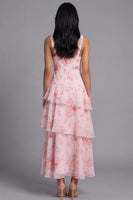 Load image into Gallery viewer, Pink A Line V-Neck Floral Maxi Formal Dress with Ruffles