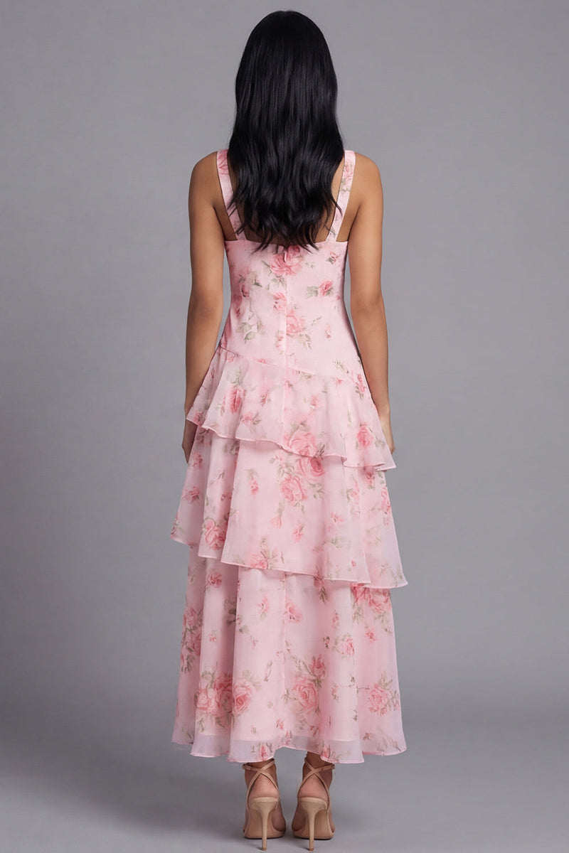 Load image into Gallery viewer, Pink A Line V-Neck Floral Maxi Formal Dress with Ruffles