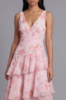 Load image into Gallery viewer, Pink A Line V-Neck Floral Maxi Formal Dress with Ruffles