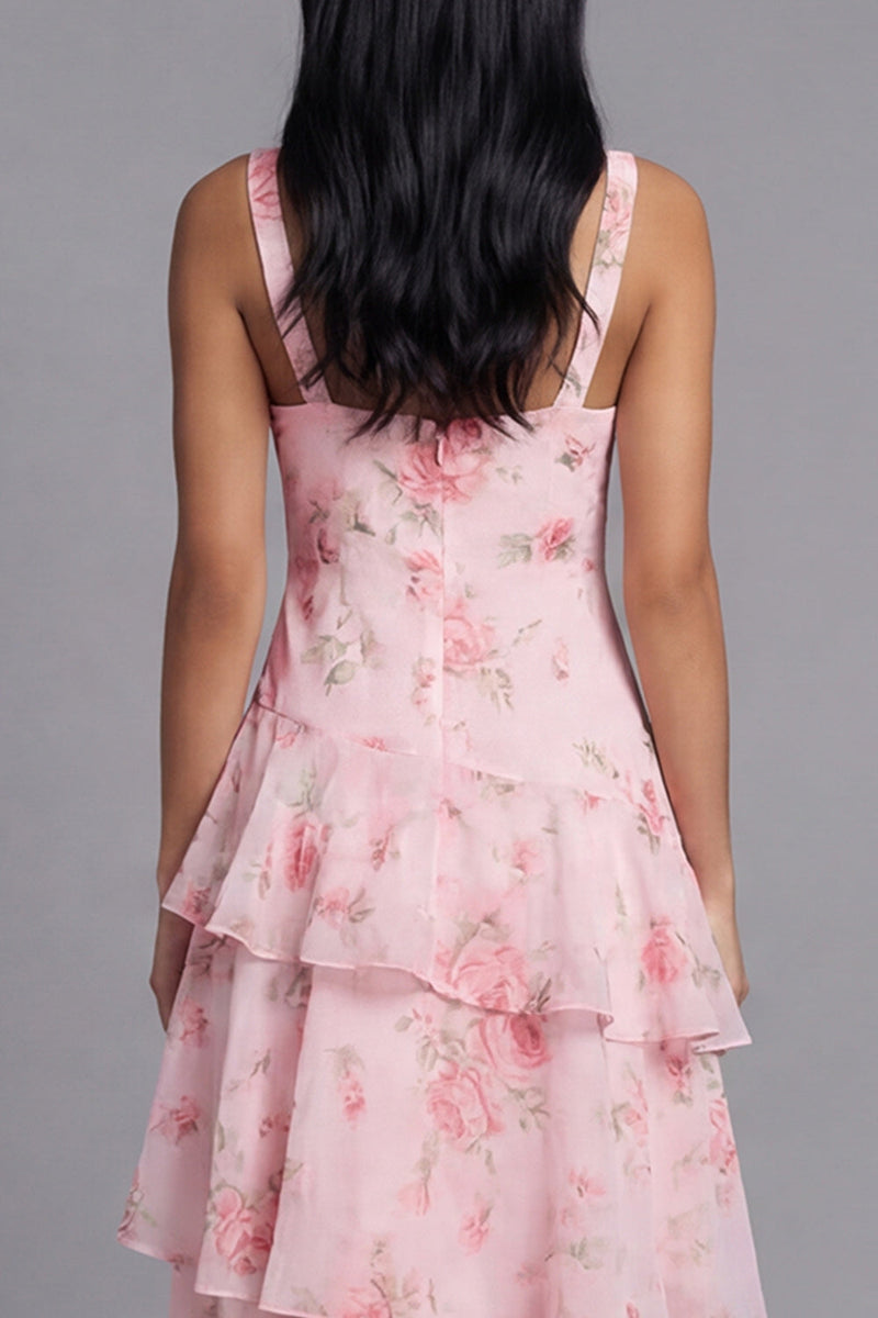 Load image into Gallery viewer, Pink A Line V-Neck Floral Maxi Formal Dress with Ruffles