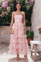 Load image into Gallery viewer, Pink A Line Floral Strapless Maxi Formal Dress with Ruffles