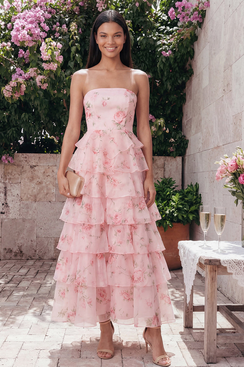 Load image into Gallery viewer, Pink A Line Floral Strapless Maxi Formal Dress with Ruffles