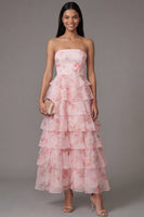 Load image into Gallery viewer, Pink A Line Floral Strapless Maxi Formal Dress with Ruffles