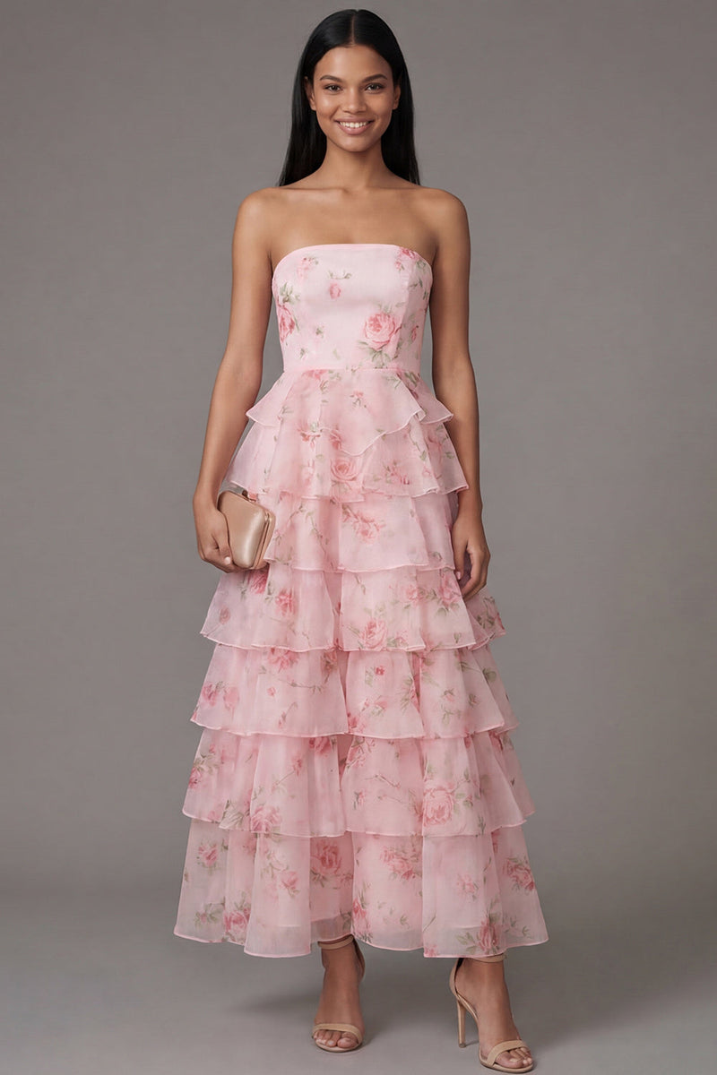 Queendancer Women Pink Maxi Floral Chiffon A Line Strapless Formal