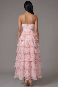 Pink A Line Floral Strapless Maxi Formal Dress with Ruffles