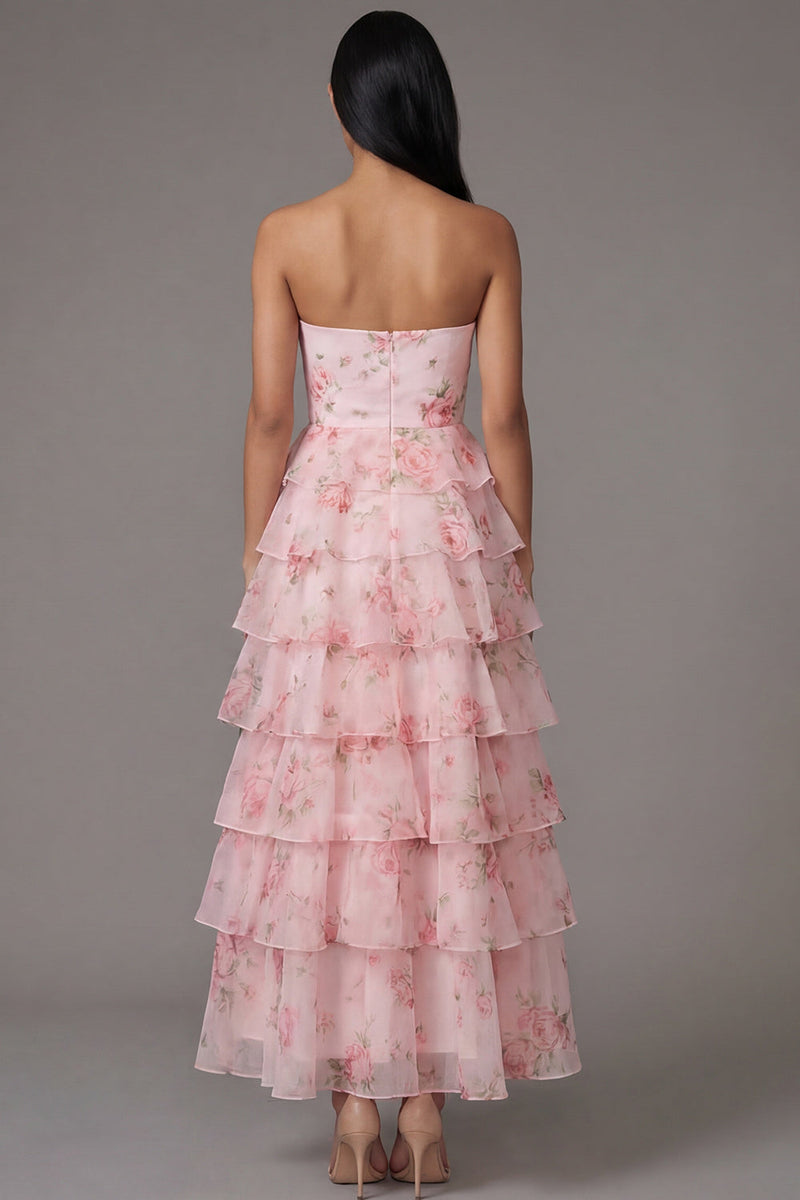 Load image into Gallery viewer, Pink A Line Floral Strapless Maxi Formal Dress with Ruffles