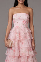 Load image into Gallery viewer, Pink A Line Floral Strapless Maxi Formal Dress with Ruffles