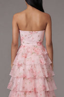 Load image into Gallery viewer, Pink A Line Floral Strapless Maxi Formal Dress with Ruffles