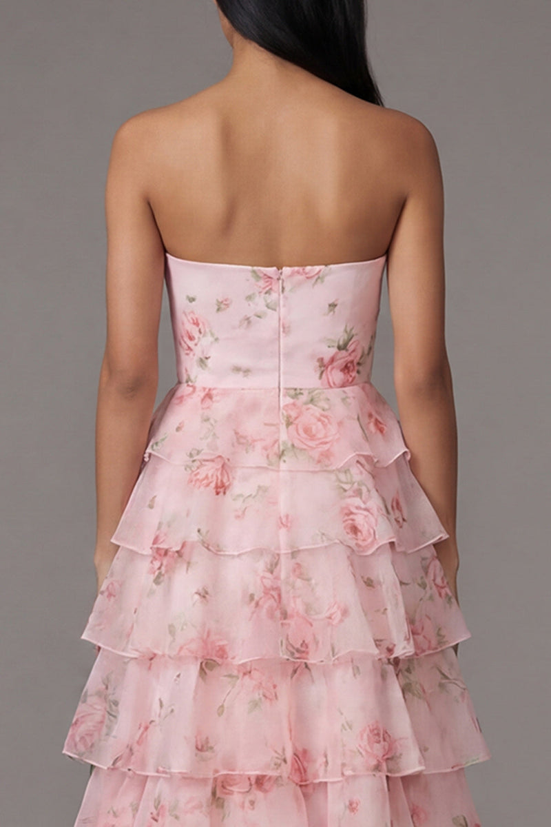 Load image into Gallery viewer, Pink A Line Floral Strapless Maxi Formal Dress with Ruffles