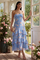 Load image into Gallery viewer, Blue Floral A Line Strapless Maxi Formal Dress with Ruffles