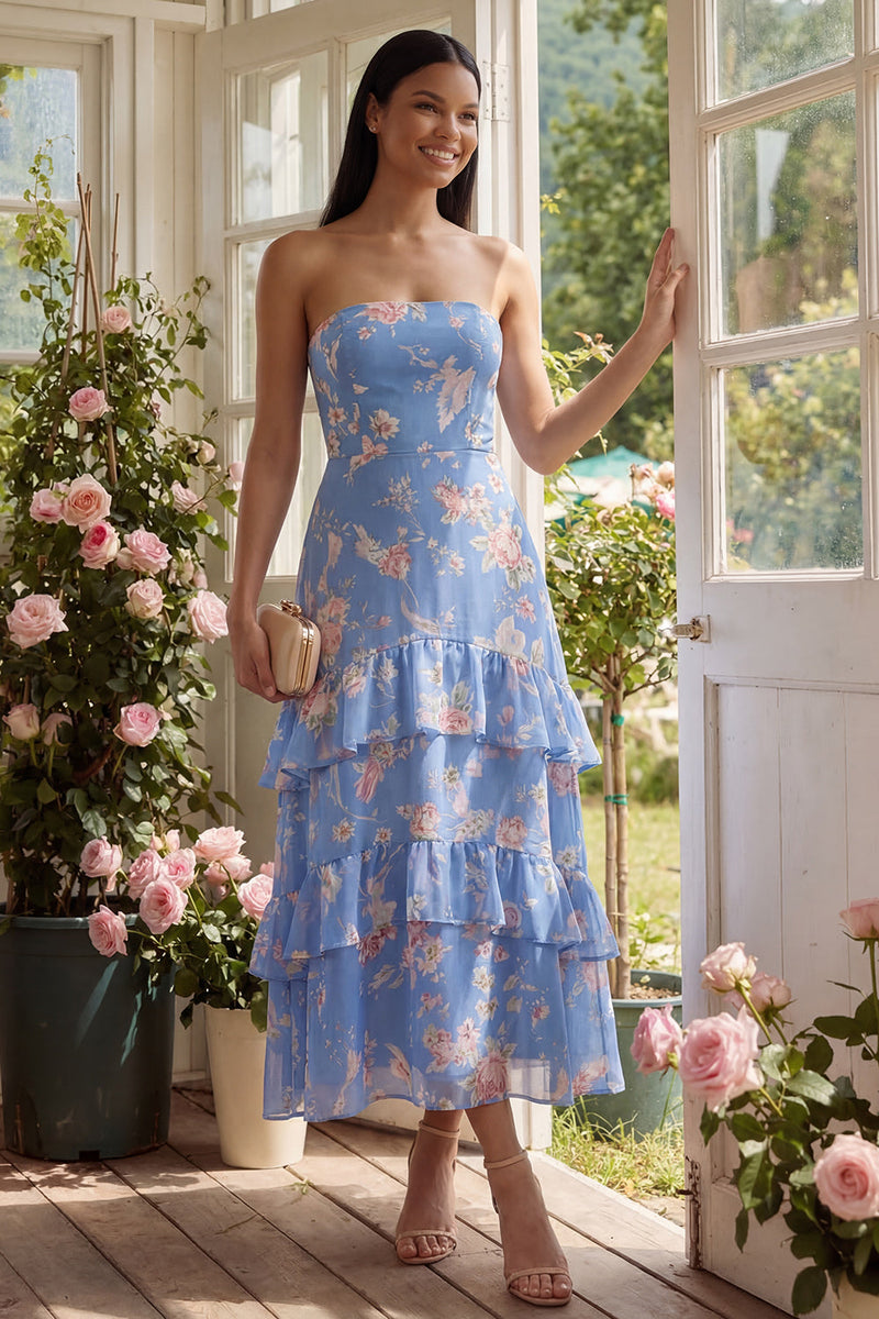 Load image into Gallery viewer, Blue Floral A Line Strapless Maxi Formal Dress with Ruffles