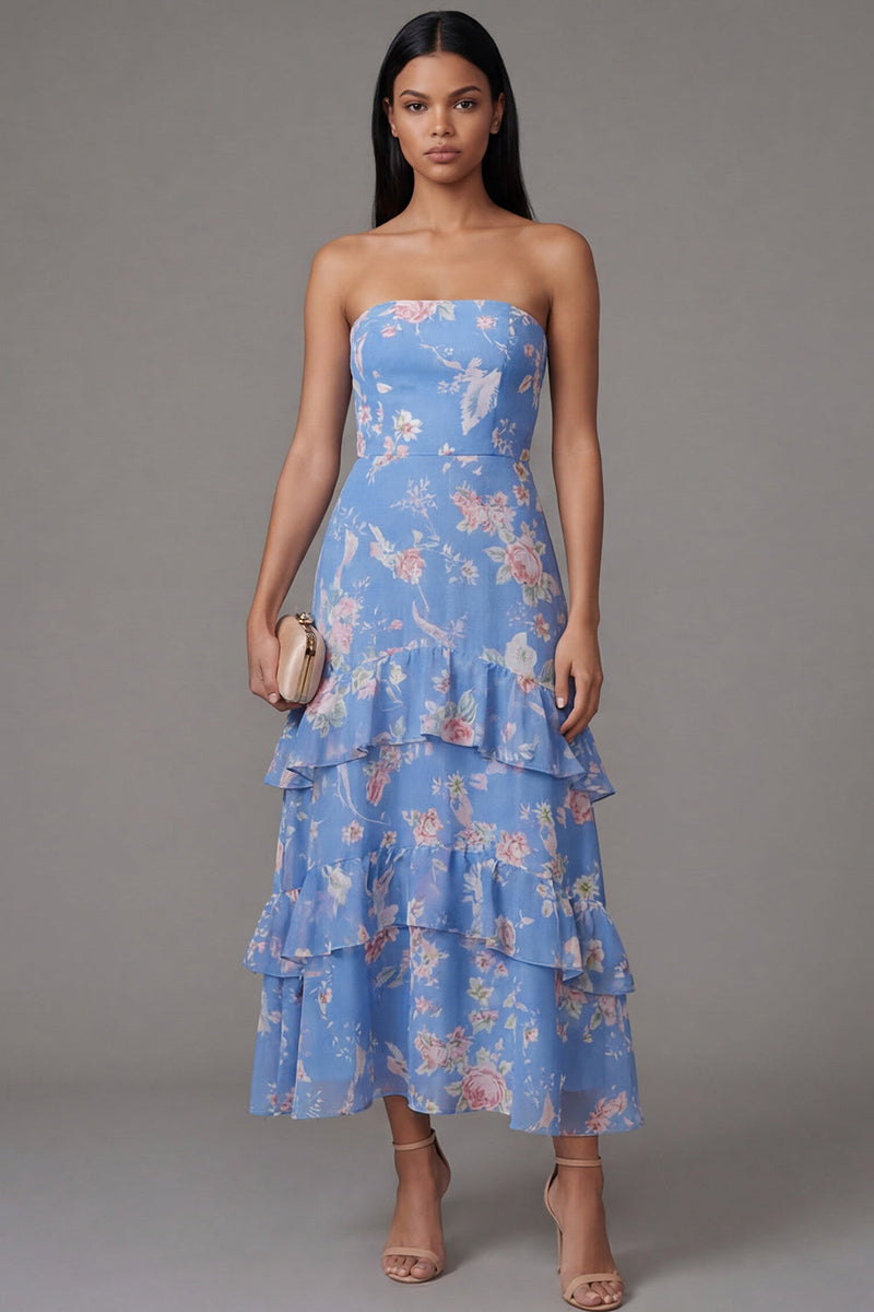 Load image into Gallery viewer, Blue Floral A Line Strapless Maxi Formal Dress with Ruffles