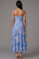 Load image into Gallery viewer, Blue Floral A Line Strapless Maxi Formal Dress with Ruffles