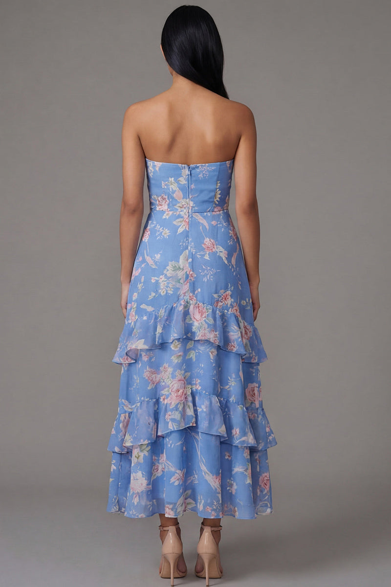 Load image into Gallery viewer, Blue Floral A Line Strapless Maxi Formal Dress with Ruffles