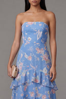 Load image into Gallery viewer, Blue Floral A Line Strapless Maxi Formal Dress with Ruffles