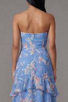 Load image into Gallery viewer, Blue Floral A Line Strapless Maxi Formal Dress with Ruffles