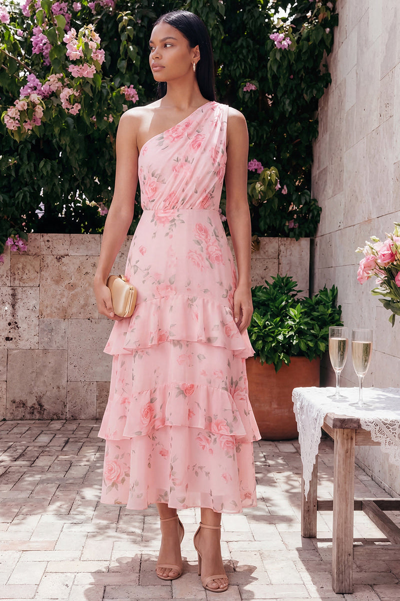 Load image into Gallery viewer, Pink One Shoulder A Line Ruched Floral Maxi Formal Dress with Ruffles