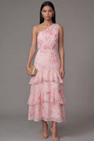 Load image into Gallery viewer, Pink One Shoulder A Line Ruched Floral Maxi Formal Dress with Ruffles