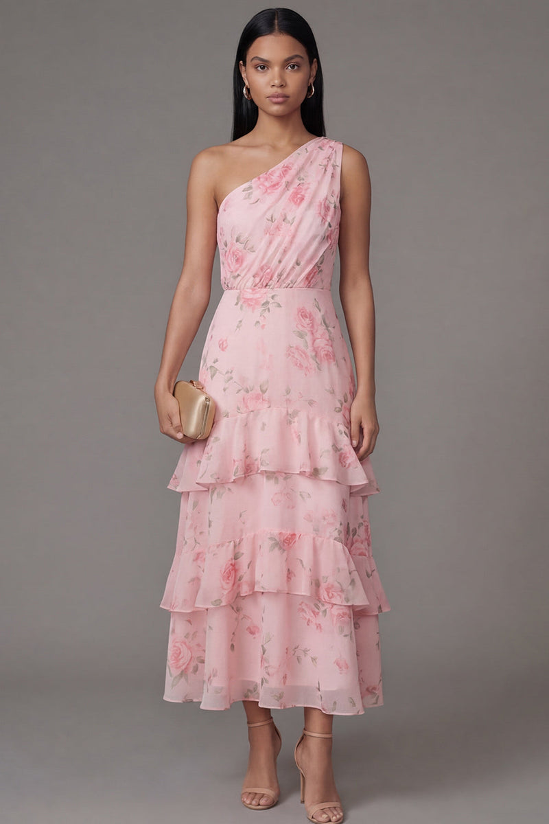 Load image into Gallery viewer, Pink One Shoulder A Line Ruched Floral Maxi Formal Dress with Ruffles