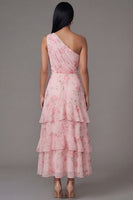 Load image into Gallery viewer, Pink One Shoulder A Line Ruched Floral Maxi Formal Dress with Ruffles
