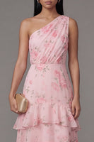 Load image into Gallery viewer, Pink One Shoulder A Line Ruched Floral Maxi Formal Dress with Ruffles