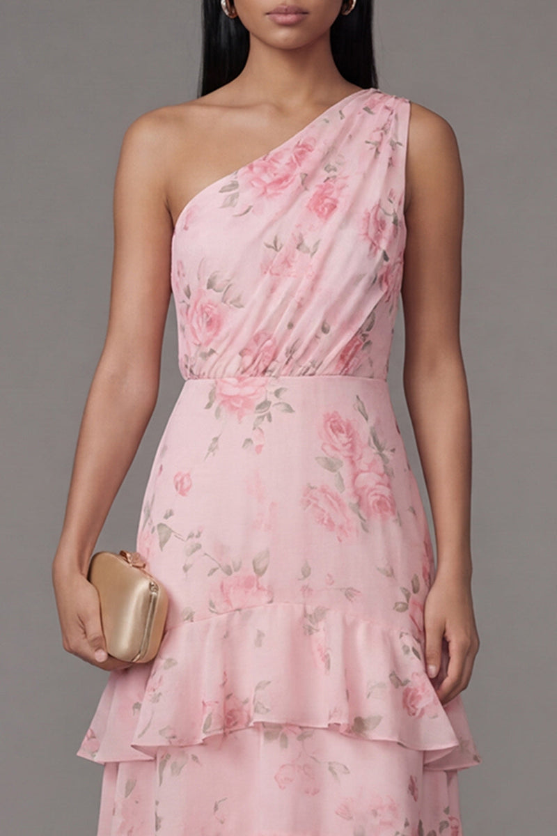 Load image into Gallery viewer, Pink One Shoulder A Line Ruched Floral Maxi Formal Dress with Ruffles