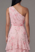 Load image into Gallery viewer, Pink One Shoulder A Line Ruched Floral Maxi Formal Dress with Ruffles