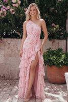 Load image into Gallery viewer, Pink Ruffled Floral Maxi Ruched A Line Formal Dress with Slit