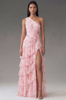Load image into Gallery viewer, Pink Ruffled Floral Maxi Ruched A Line Formal Dress with Slit