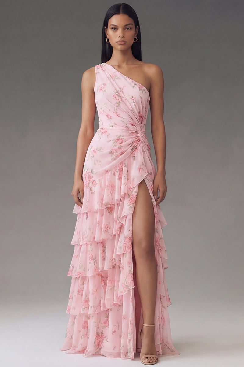 Load image into Gallery viewer, Pink Ruffled Floral Maxi Ruched A Line Formal Dress with Slit