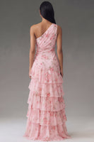 Load image into Gallery viewer, Pink Ruffled Floral Maxi Ruched A Line Formal Dress with Slit